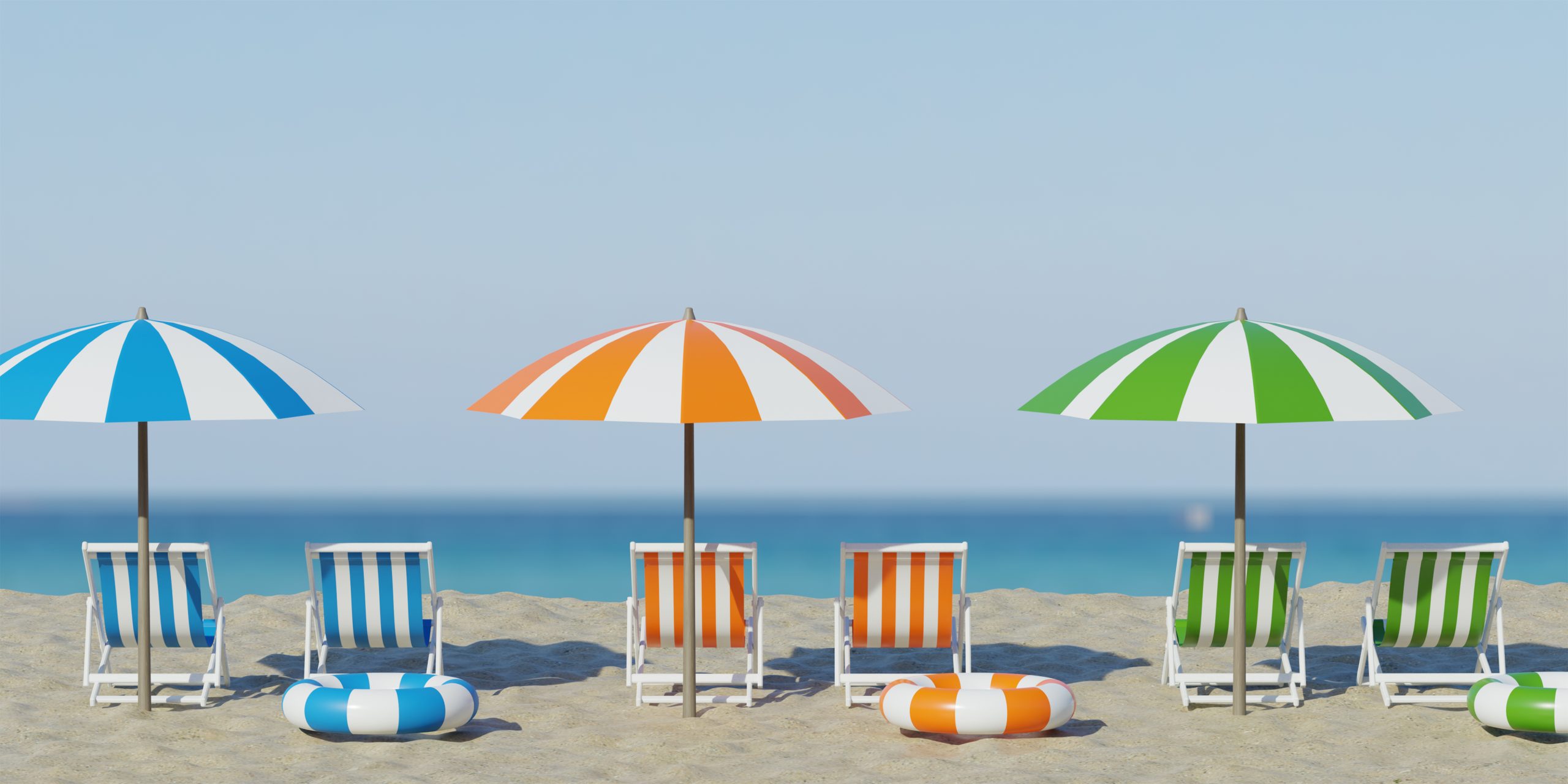 3d rendering. Beautiful beach. Chairs on the sandy beach near the sea. Summer holiday and vacation concept for tourism. Inspirational tropical landscape. Tranquil scenery, relaxing beach, tropical landscape design