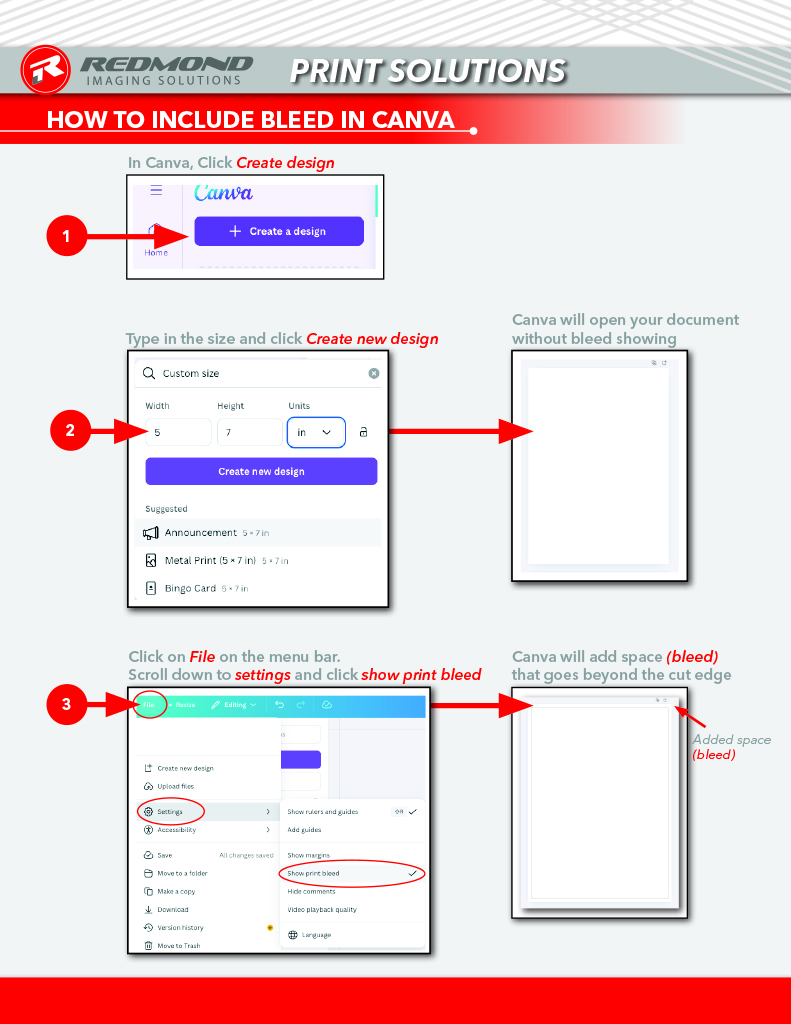 Export Canva files with bleeds instruction for Redmond Imaging Solutions, a commercial printer in Greenville SC